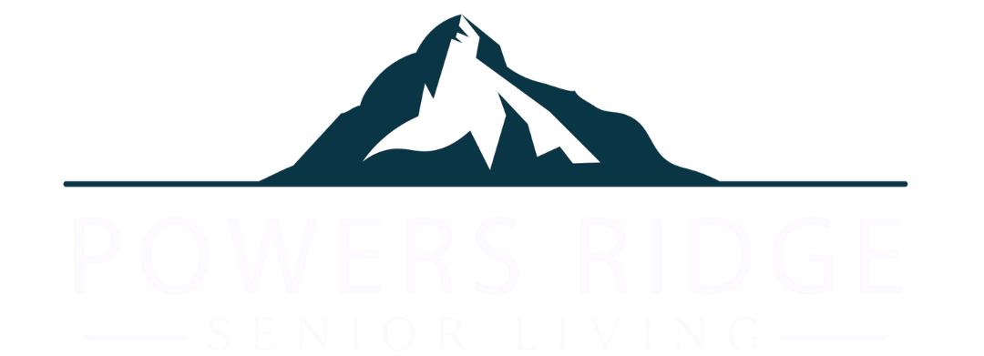 A logo for Powers Ridge Senior Living features a mountain and a horse.